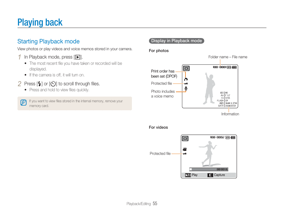 Playing back, Starting playback mode | Samsung EC-TL9ZZPBA-US User Manual | Page 56 / 95