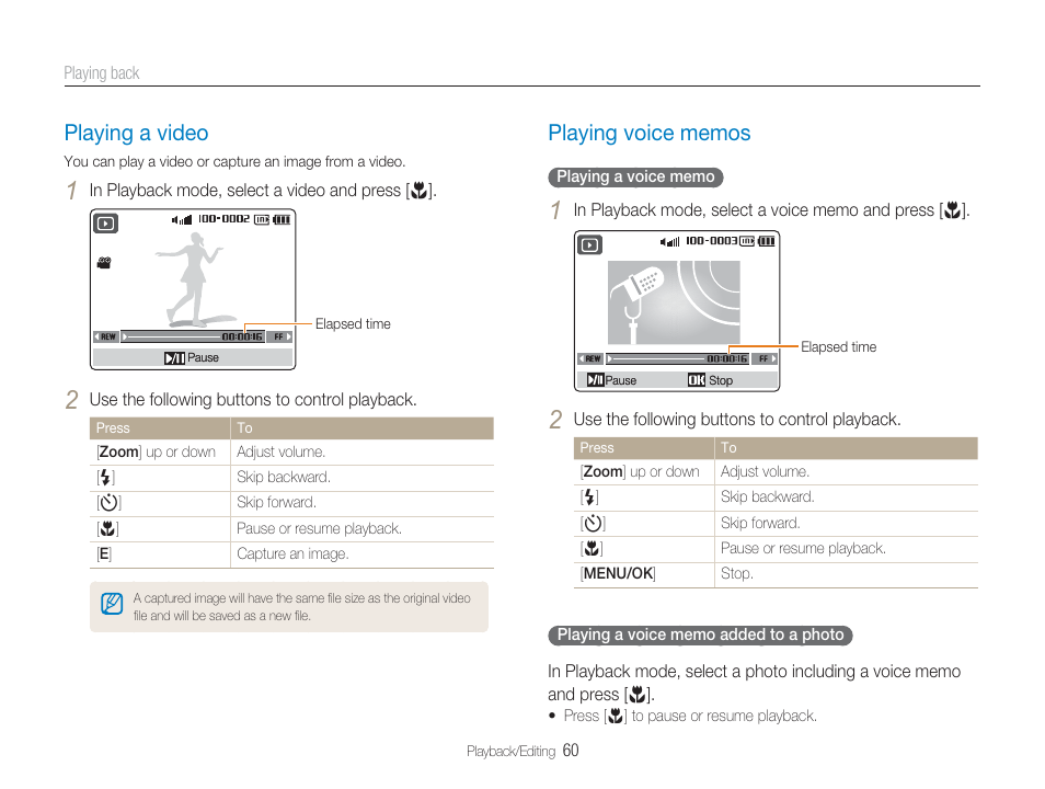 Playing a video, Playing voice memos | Samsung EC-TL9ZZPBA-US User Manual | Page 61 / 95