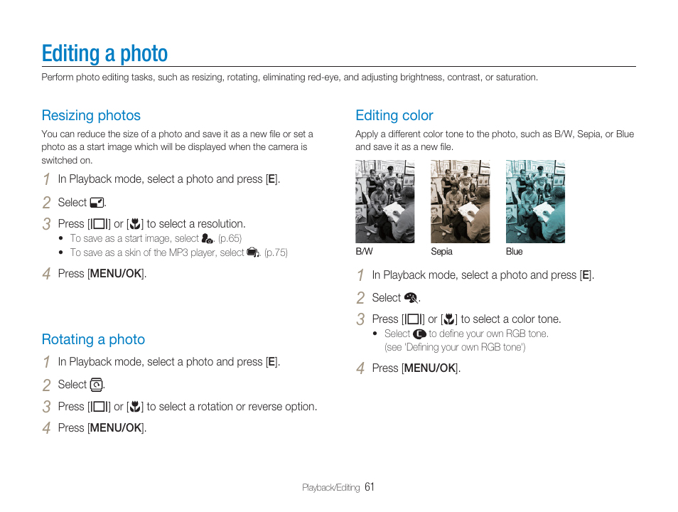 Editing a photo, Resizing photos, Rotating a photo | Editing color | Samsung EC-TL9ZZPBA-US User Manual | Page 62 / 95