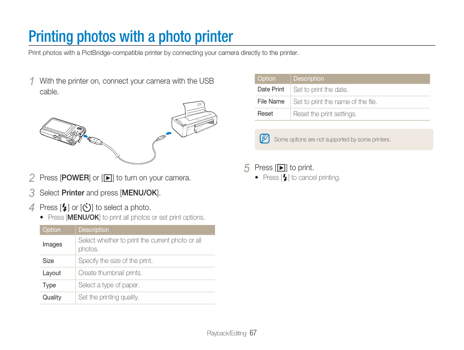 Printing photos with a photo printer, Pictbridge | Samsung EC-TL9ZZPBA-US User Manual | Page 68 / 95