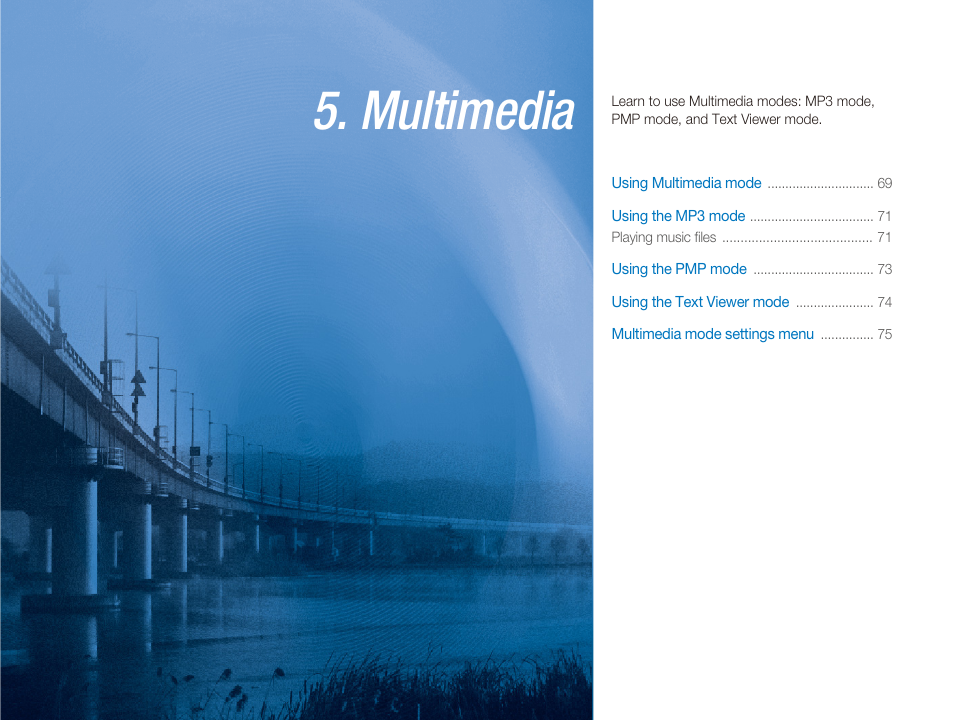 5 multimedia, Multimedia, Learn to use multimedia modes: mp3 mode, pmp | Samsung EC-TL9ZZPBA-US User Manual | Page 69 / 95