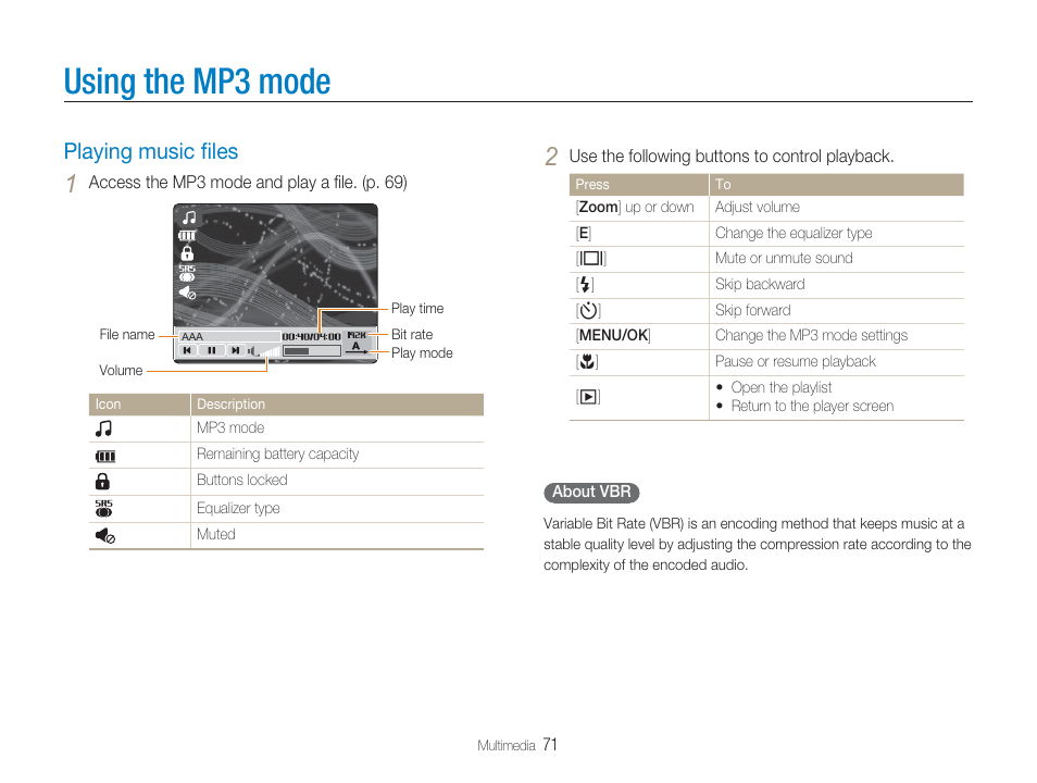 Using the mp3 mode, Playing music ﬁles | Samsung EC-TL9ZZPBA-US User Manual | Page 72 / 95