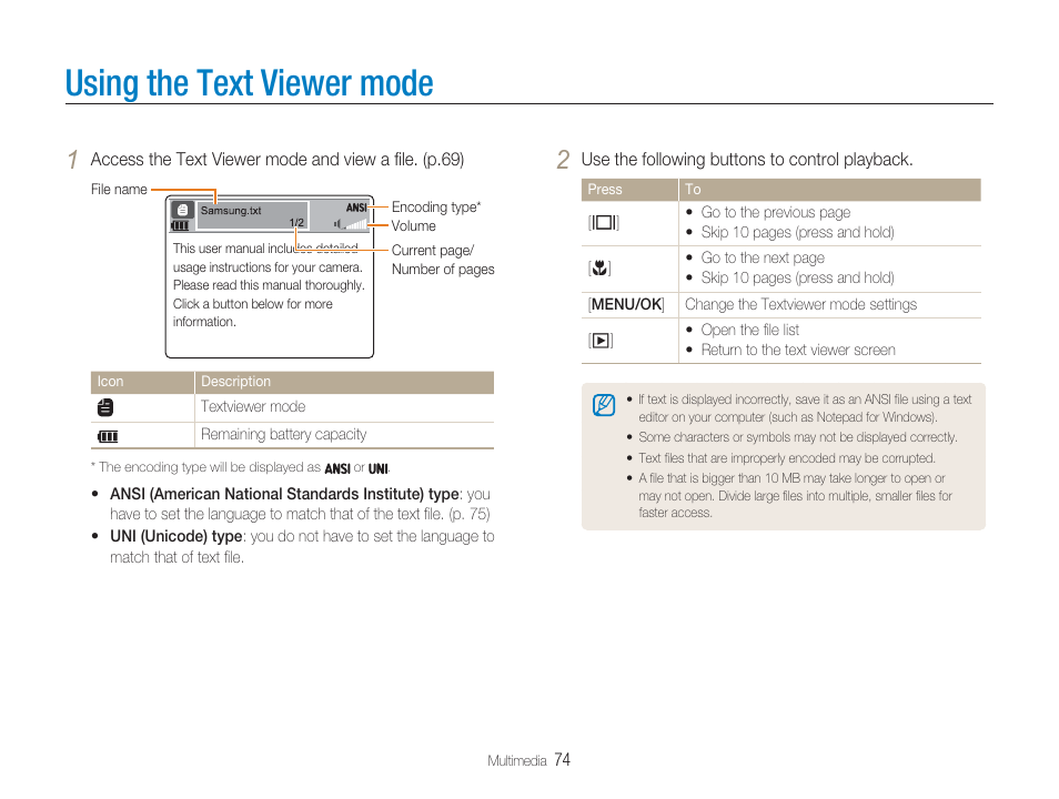 Using the text viewer mode | Samsung EC-TL9ZZPBA-US User Manual | Page 75 / 95