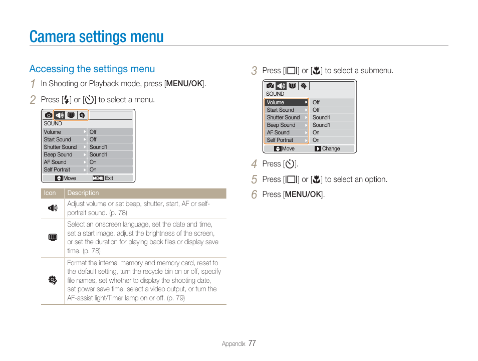 Camera settings menu, Accessing the settings menu | Samsung EC-TL9ZZPBA-US User Manual | Page 78 / 95