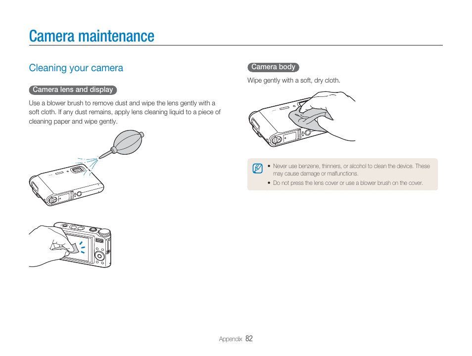 Camera maintenance, Cleaning your camera | Samsung EC-TL9ZZPBA-US User Manual | Page 83 / 95