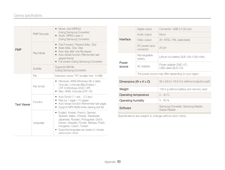 Camera speciﬁcations | Samsung EC-TL9ZZPBA-US User Manual | Page 90 / 95