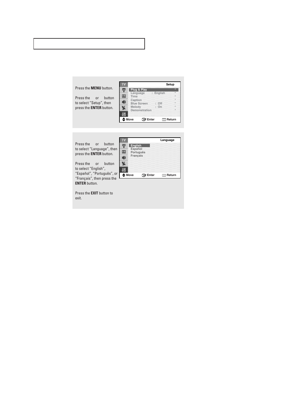 Selecting a menu language | Samsung CL29T21FQ2XXAP User Manual | Page 21 / 61