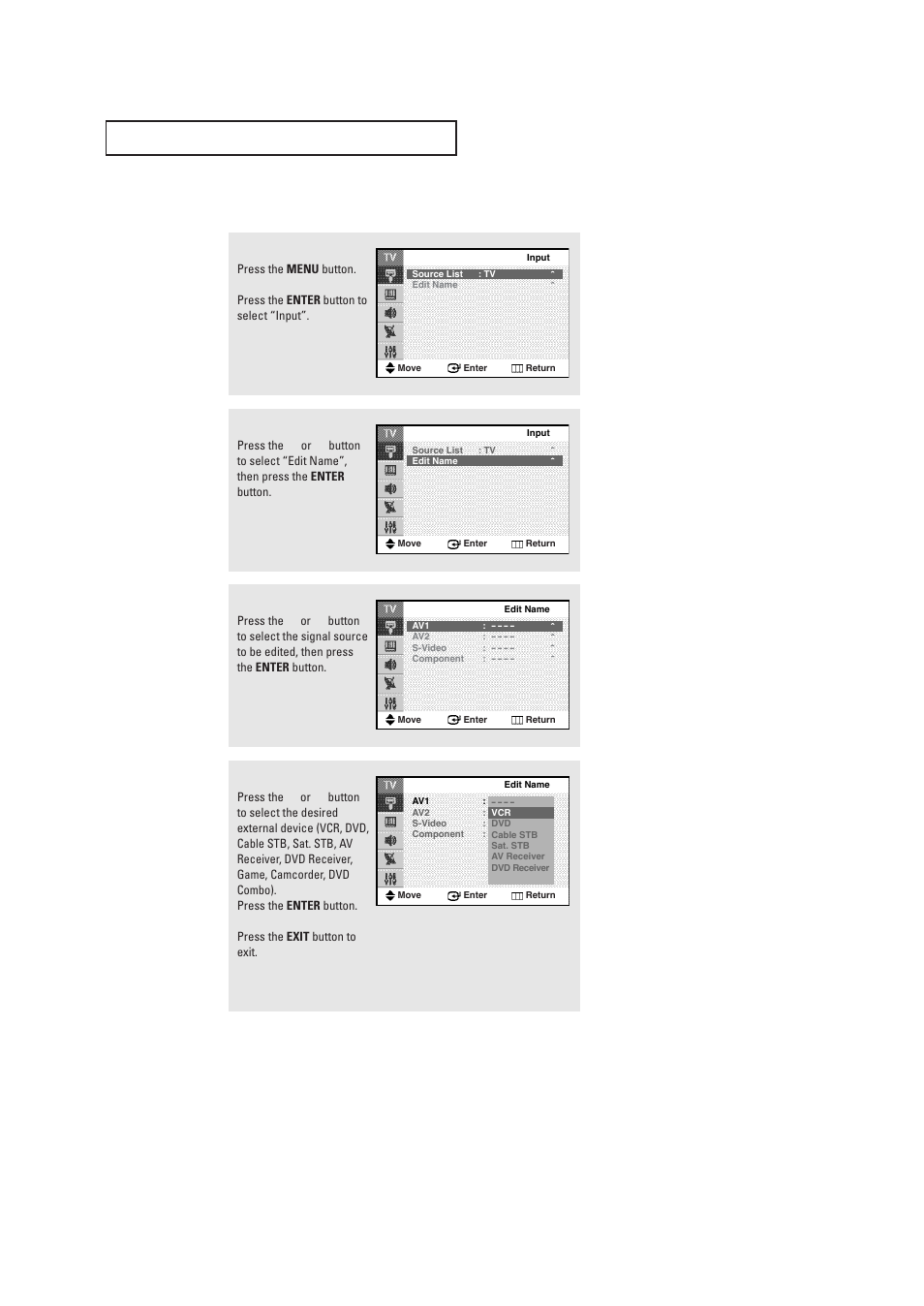 Assigning names to external input mode | Samsung CL29T21FQ2XXAP User Manual | Page 35 / 61