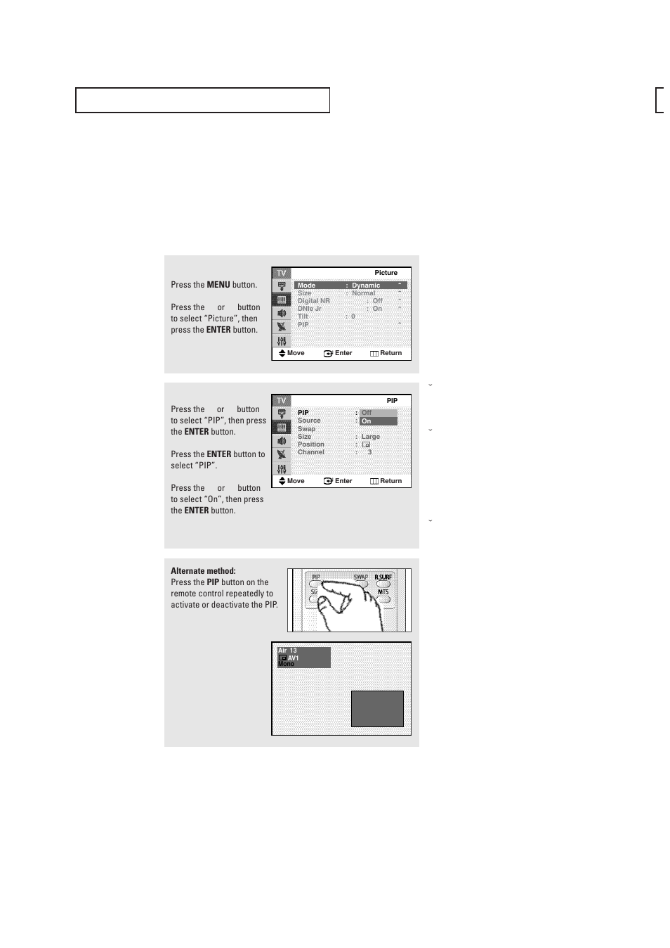 Viewing picture-in-picture(depending on the model), Activating the pip, Continued | Samsung CL29T21FQ2XXAP User Manual | Page 42 / 61