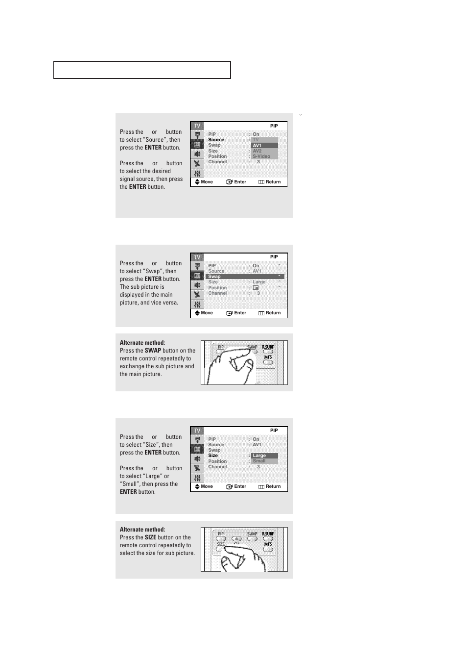 Selecting an external source, Swapping the sub picture and main picture, Changing the size of the sub picture | Continued | Samsung CL29T21FQ2XXAP User Manual | Page 43 / 61
