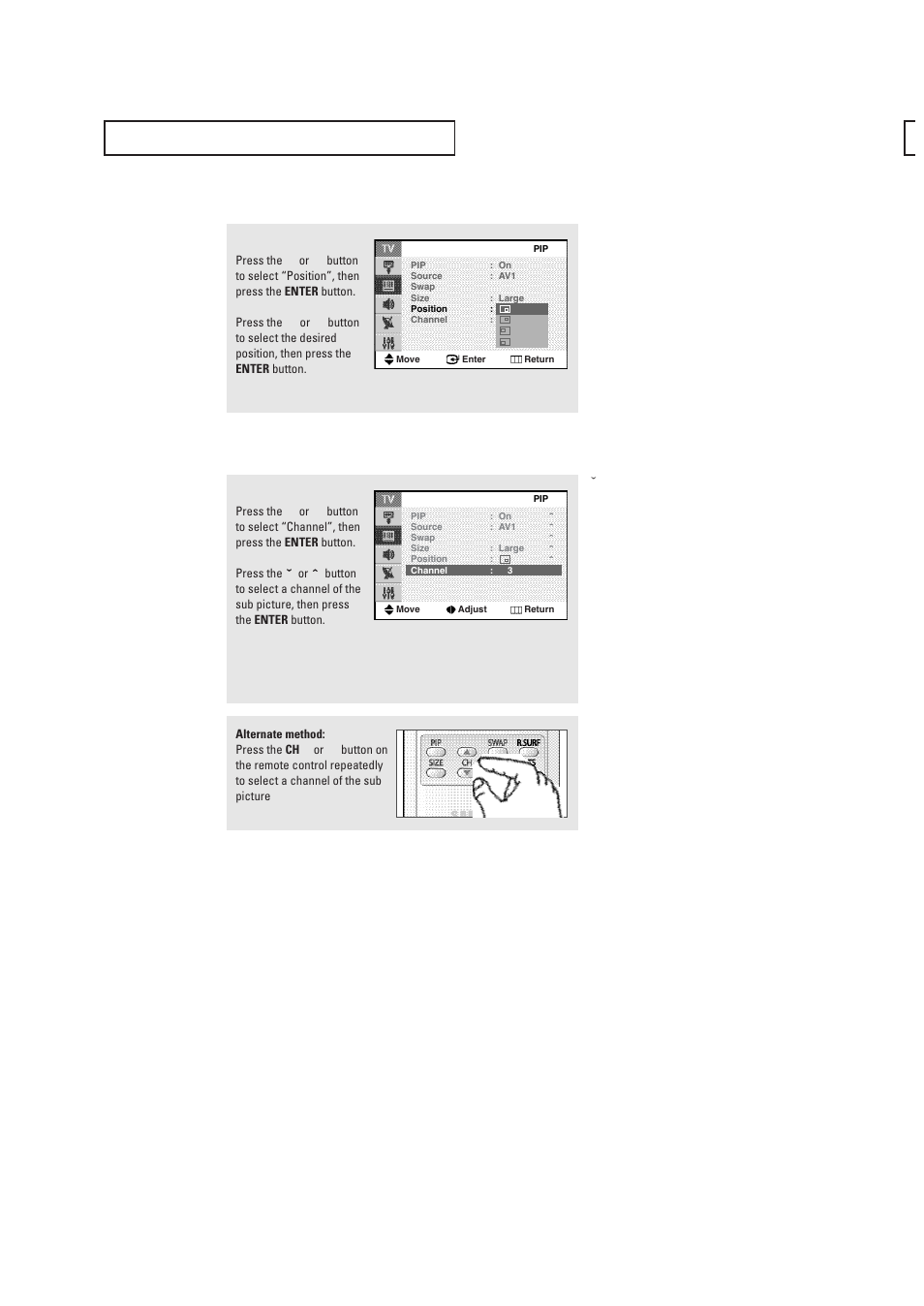Changing the position of the sub picture, Changing the channel of the sub picture | Samsung CL29T21FQ2XXAP User Manual | Page 44 / 61