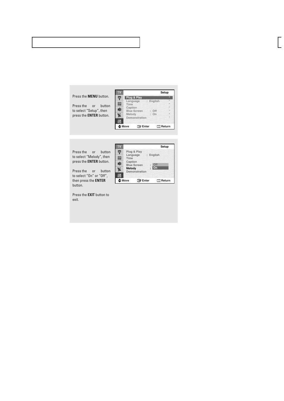 Setting the on/off melody | Samsung CL29T21FQ2XXAP User Manual | Page 54 / 61