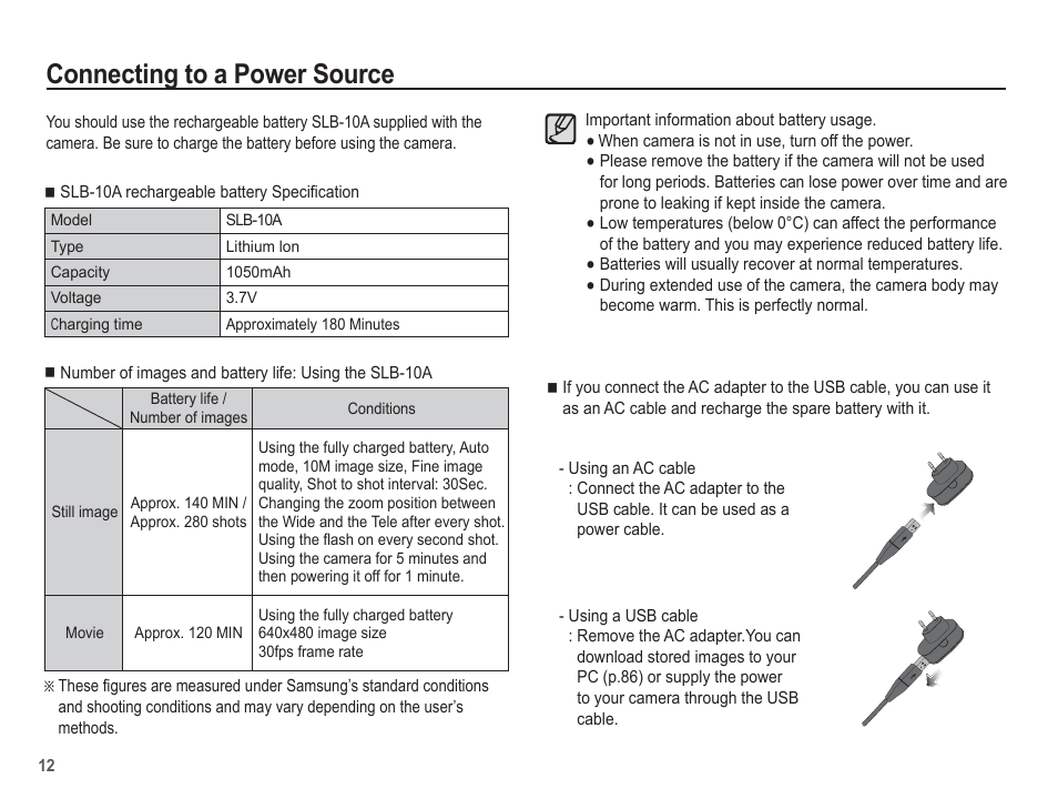 Connecting to a power source | Samsung EC-SL102BBP-US User Manual | Page 13 / 98