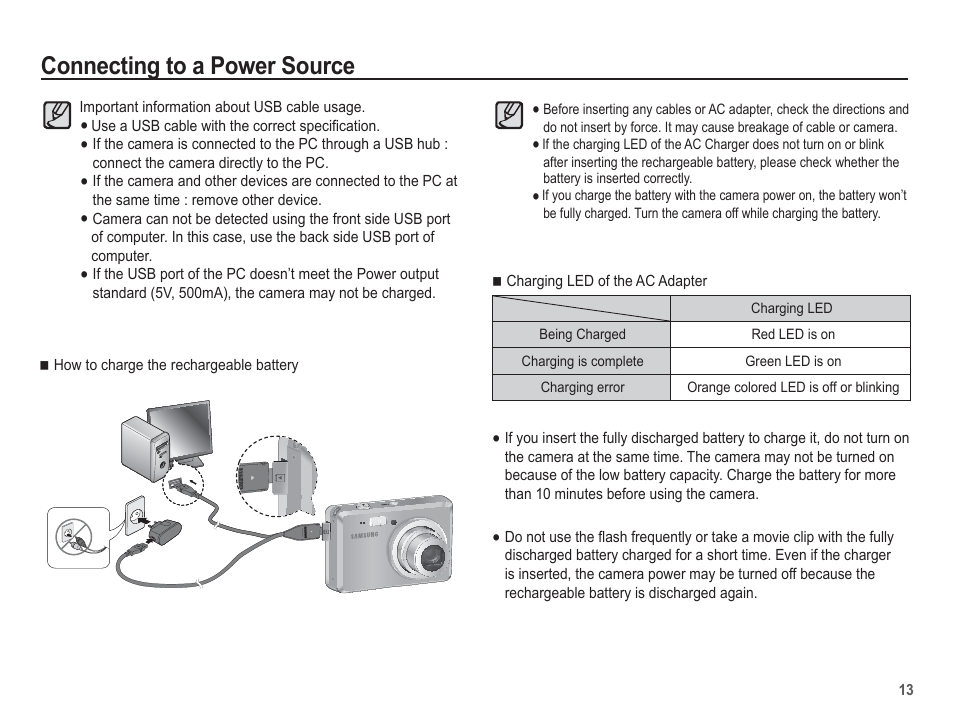 Connecting to a power source | Samsung EC-SL102BBP-US User Manual | Page 14 / 98