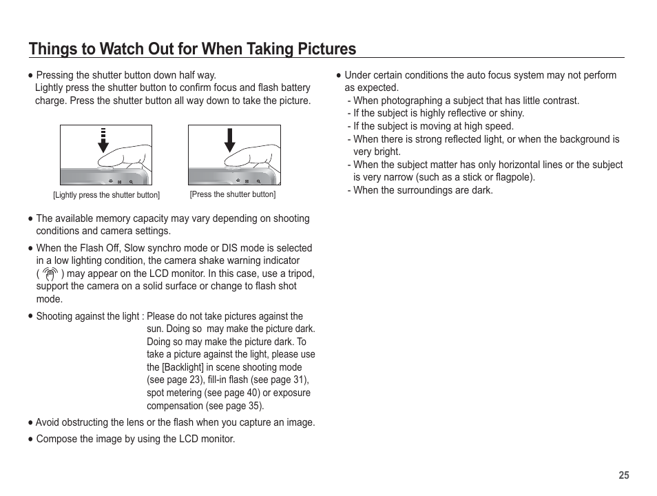 Things to watch out for when taking pictures | Samsung EC-SL102BBP-US User Manual | Page 26 / 98