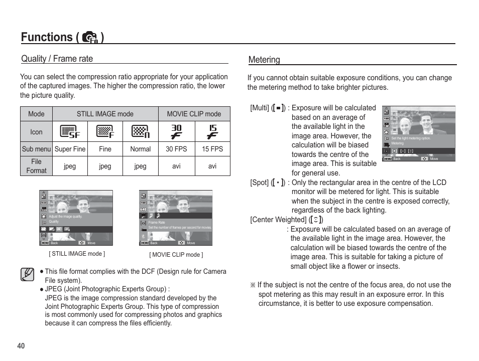 Functions ( ), Quality / frame rate, Metering | Samsung EC-SL102BBP-US User Manual | Page 41 / 98