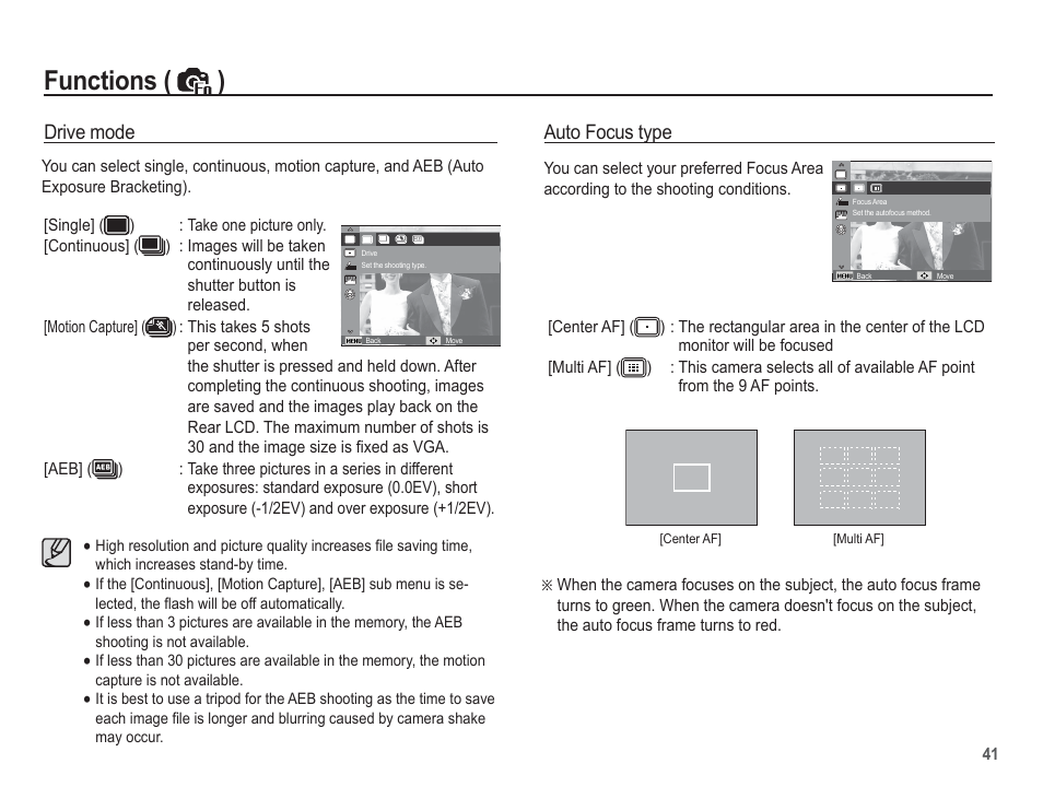 Functions ( ), Drive mode, Auto focus type | Samsung EC-SL102BBP-US User Manual | Page 42 / 98