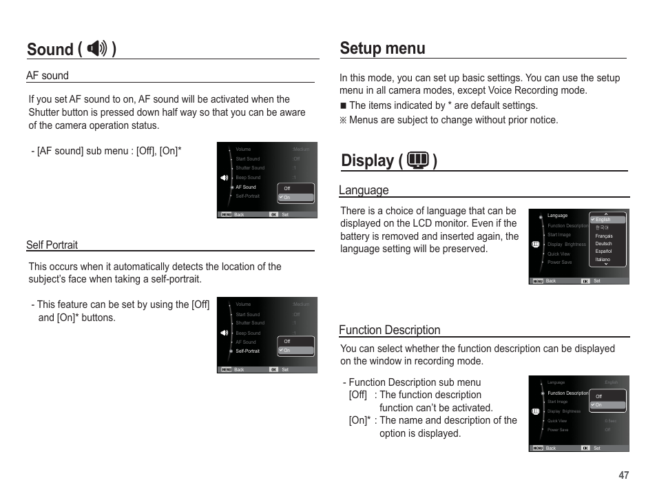 Setup menu, Display ( ) sound, Language | Function description, Af sound self portrait | Samsung EC-SL102BBP-US User Manual | Page 48 / 98