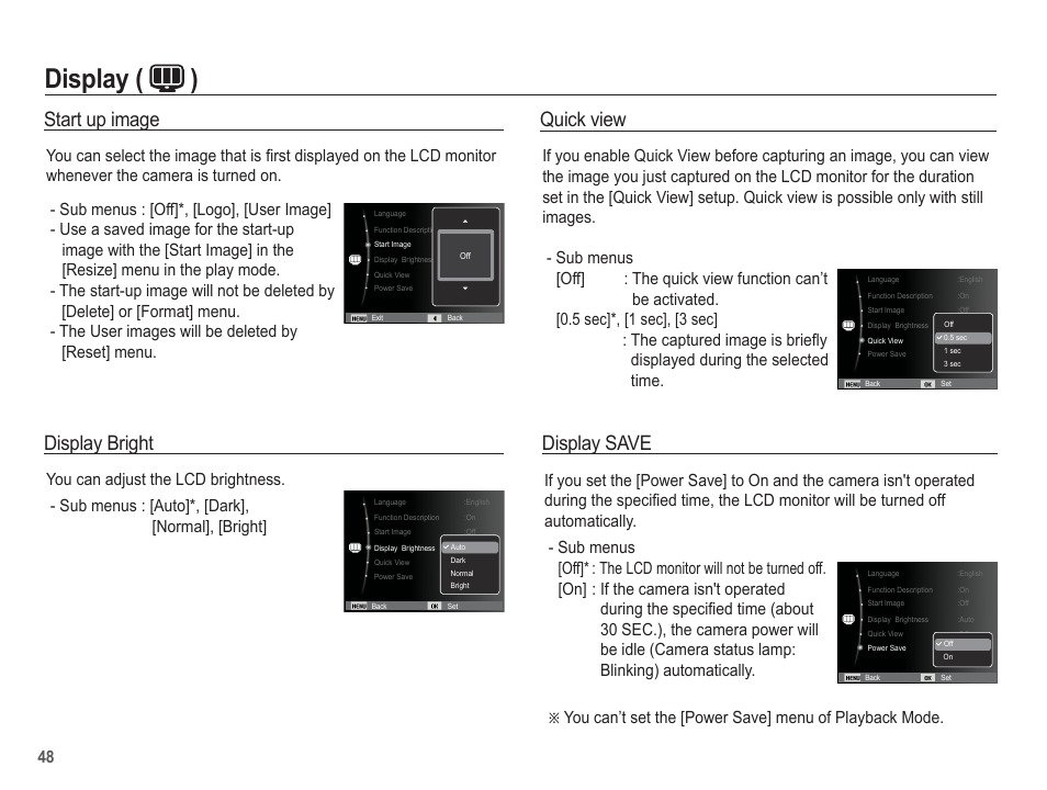 Display ( ), Quick view, Display save | Start up image, Display bright | Samsung EC-SL102BBP-US User Manual | Page 49 / 98