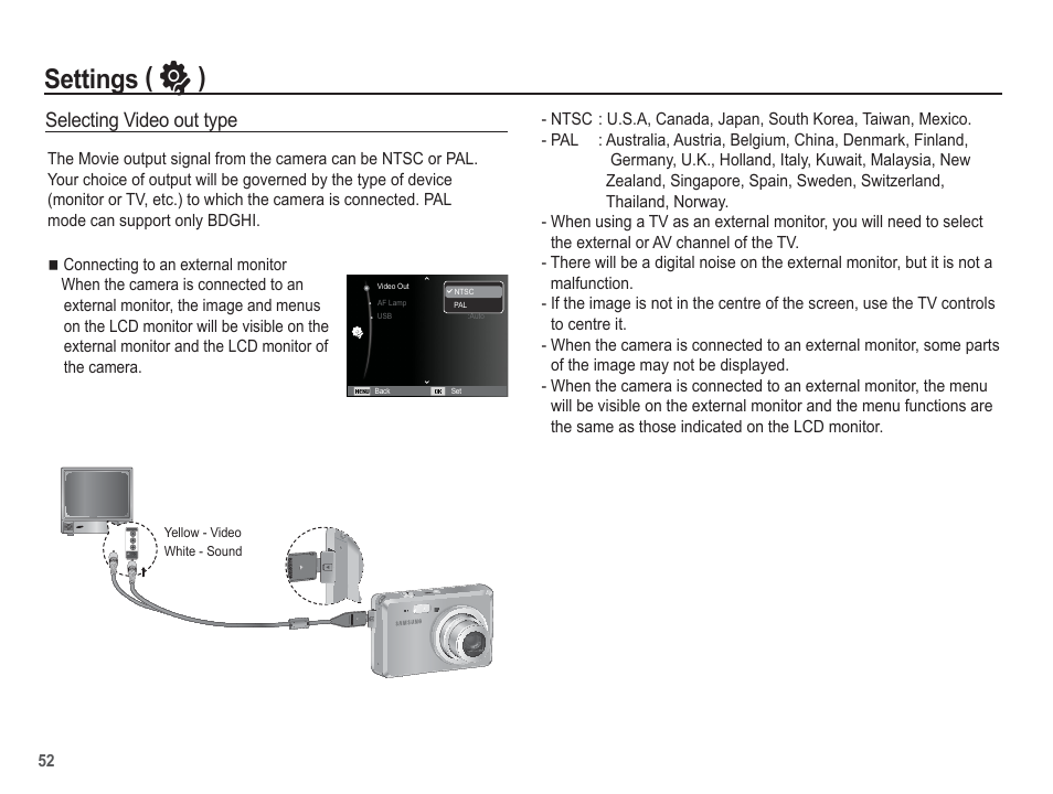 Settings ( ” ), Selecting video out type | Samsung EC-SL102BBP-US User Manual | Page 53 / 98