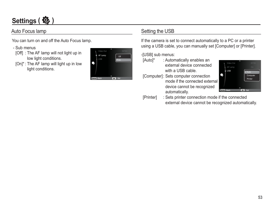 Settings ( ” ), Auto focus lamp, Setting the usb | Samsung EC-SL102BBP-US User Manual | Page 54 / 98