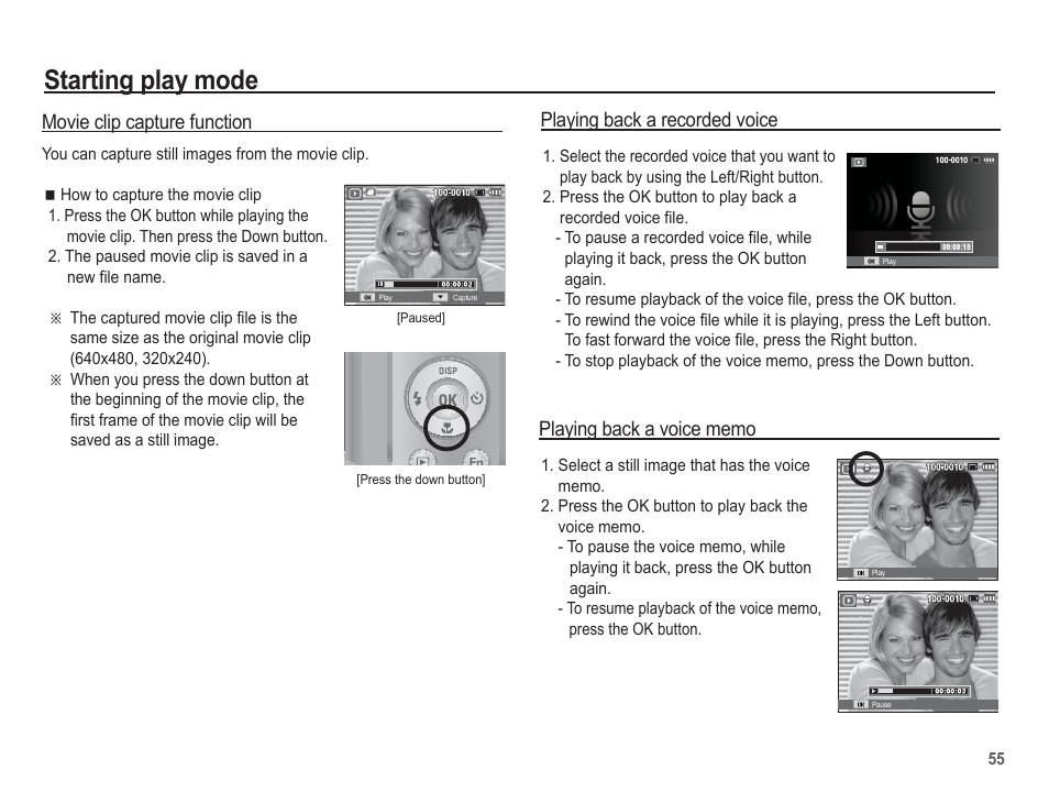 Starting play mode, Movie clip capture function, Playing back a recorded voice | Samsung EC-SL102BBP-US User Manual | Page 56 / 98