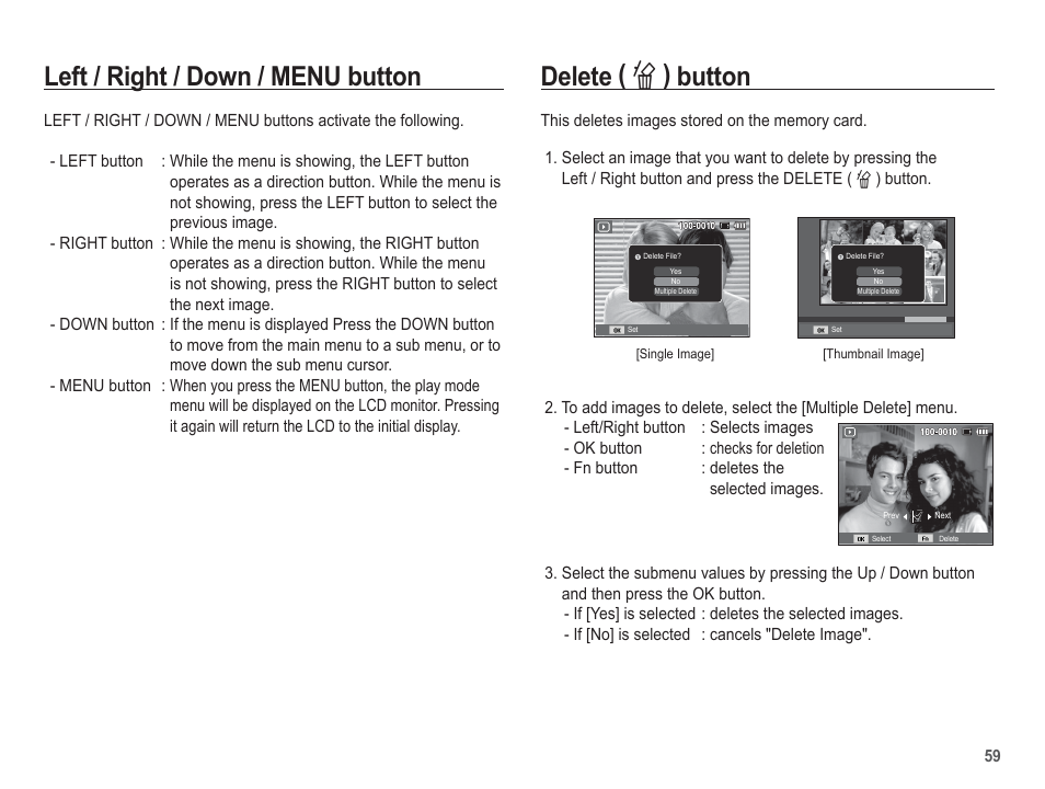 Delete ( õ ) button, Left / right / down / menu button | Samsung EC-SL102BBP-US User Manual | Page 60 / 98