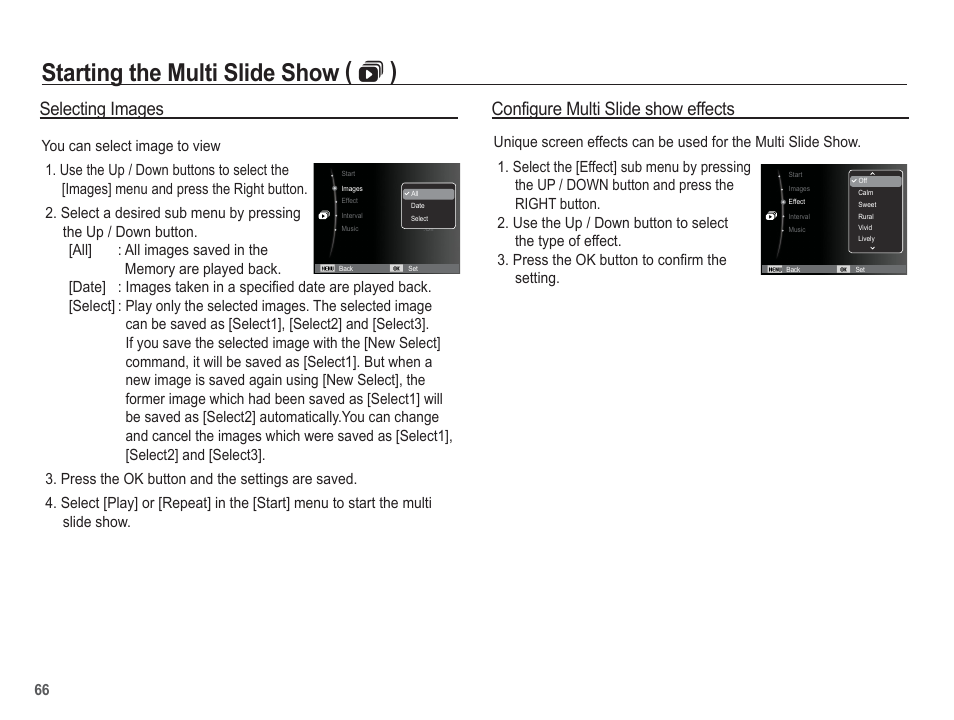 Starting the multi slide show (  ), Selecting images, Configure multi slide show effects | Samsung EC-SL102BBP-US User Manual | Page 67 / 98