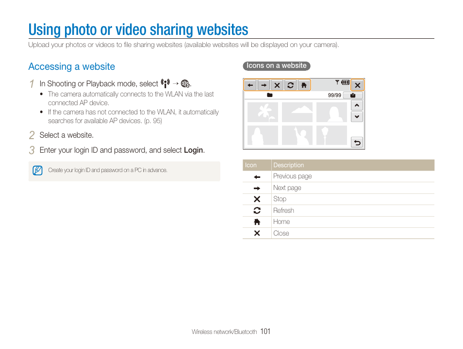 Using photo or video sharing websites, Accessing a website, Accessing a website ………………………… 101 | Samsung EC-CL80ZZBPAUS User Manual | Page 102 / 135