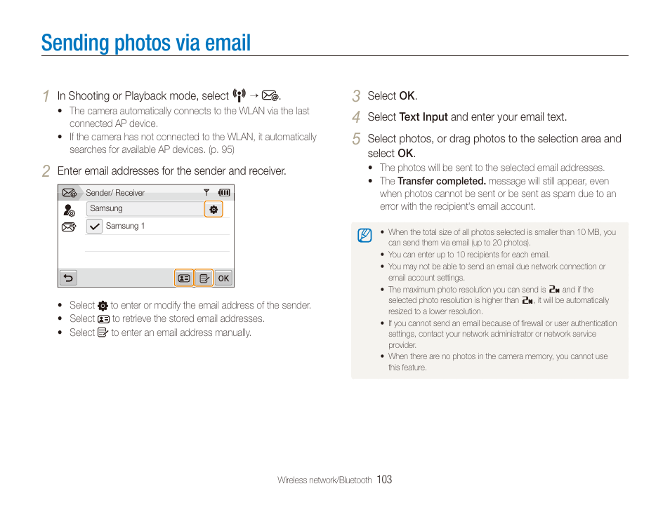 Sending photos via email | Samsung EC-CL80ZZBPAUS User Manual | Page 104 / 135