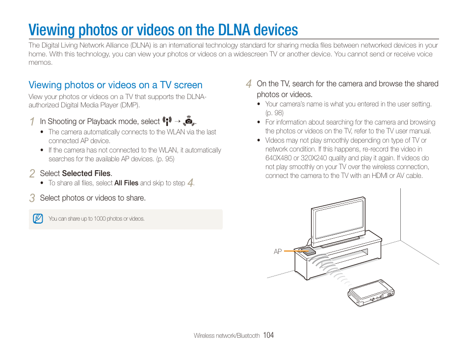 Viewing photos or videos on the dlna devices, Viewing photos or videos on a tv screen, Viewing photos or videos on the dlna | Devices, Viewing photos or videos on a tv screen … 104 | Samsung EC-CL80ZZBPAUS User Manual | Page 105 / 135
