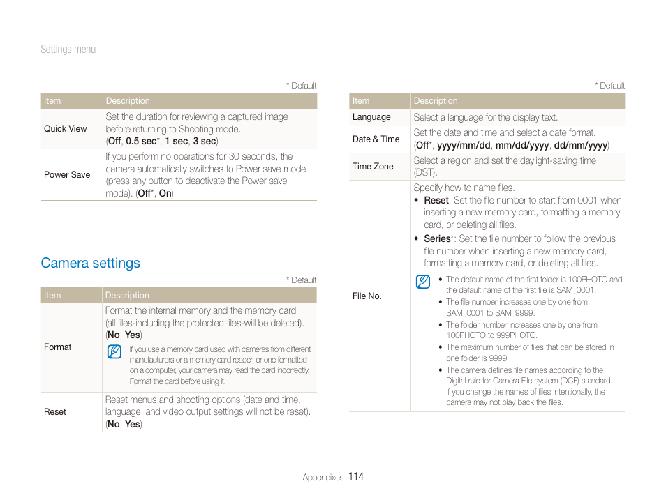 Camera settings, Camera settings ………………………………………… 114 | Samsung EC-CL80ZZBPAUS User Manual | Page 115 / 135