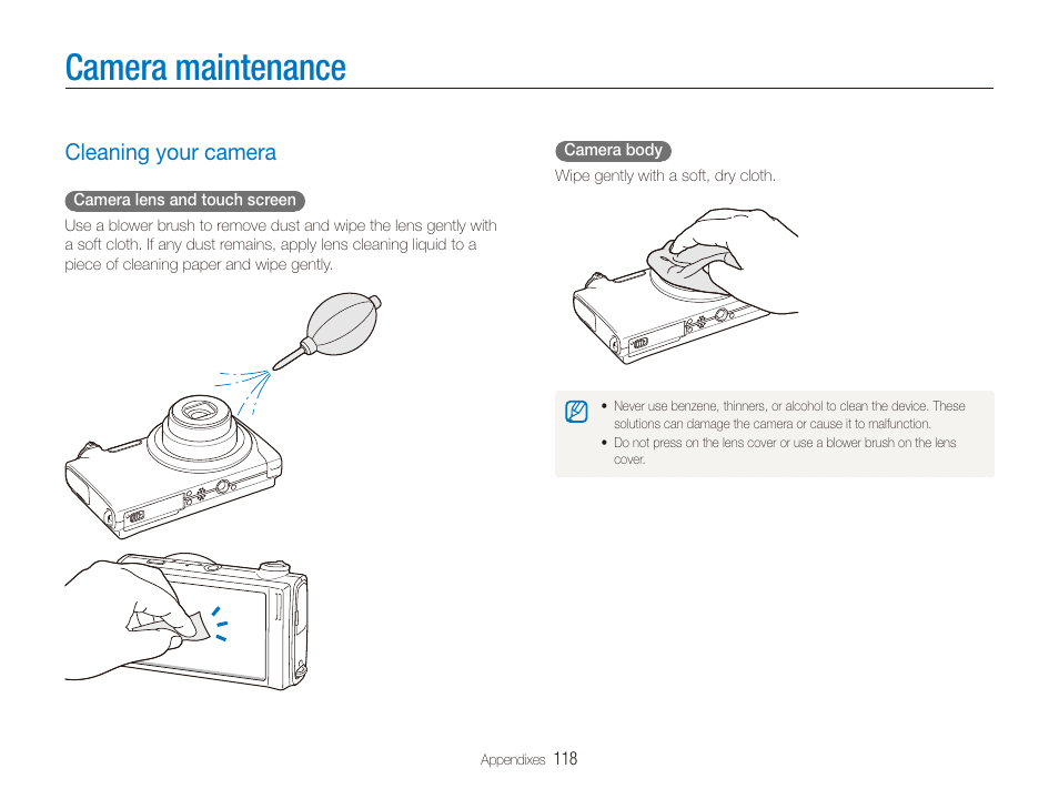 Camera maintenance, Cleaning your camera, Cleaning your camera ………………………………… 118 | Samsung EC-CL80ZZBPAUS User Manual | Page 119 / 135