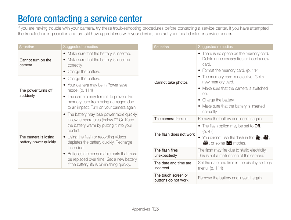 Before contacting a service center | Samsung EC-CL80ZZBPAUS User Manual | Page 124 / 135