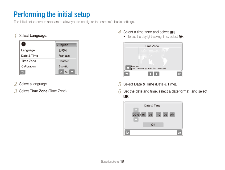 Performing the initial setup | Samsung EC-CL80ZZBPAUS User Manual | Page 20 / 135