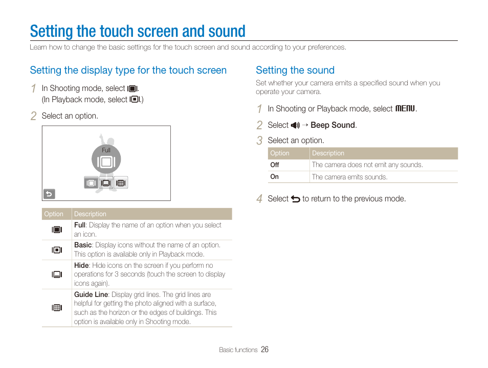 Setting the touch screen and sound, Setting the display type for the touch screen, Setting the sound | Setting the display type for the touch screen 26, Setting the sound …………………………… 26 | Samsung EC-CL80ZZBPAUS User Manual | Page 27 / 135