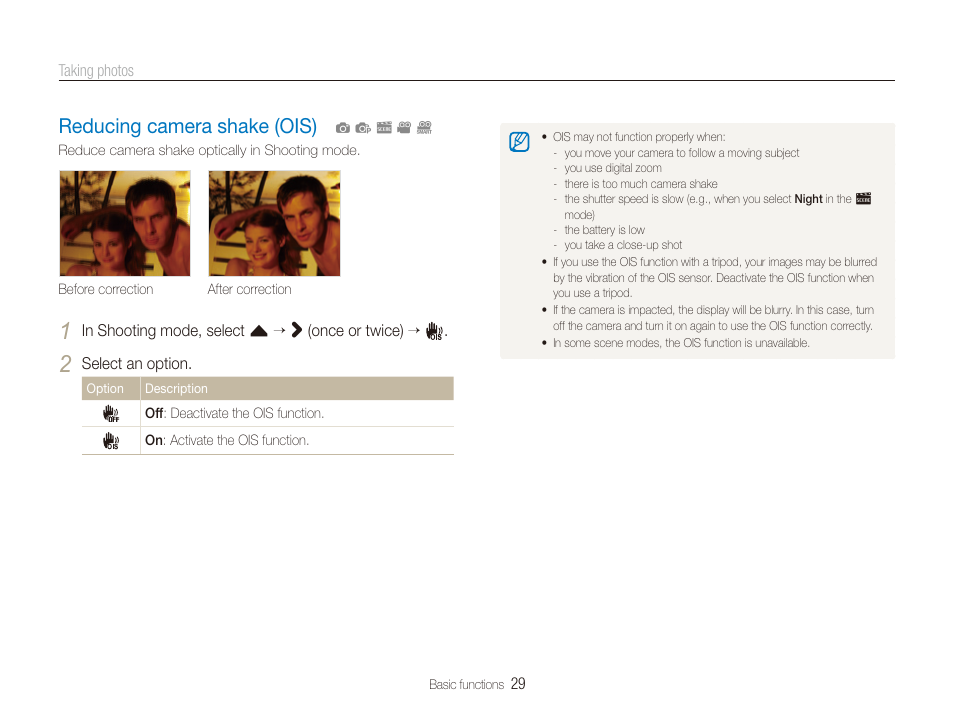 Reducing camera shake (ois), Reducing camera shake (ois) ……………… 29 | Samsung EC-CL80ZZBPAUS User Manual | Page 30 / 135