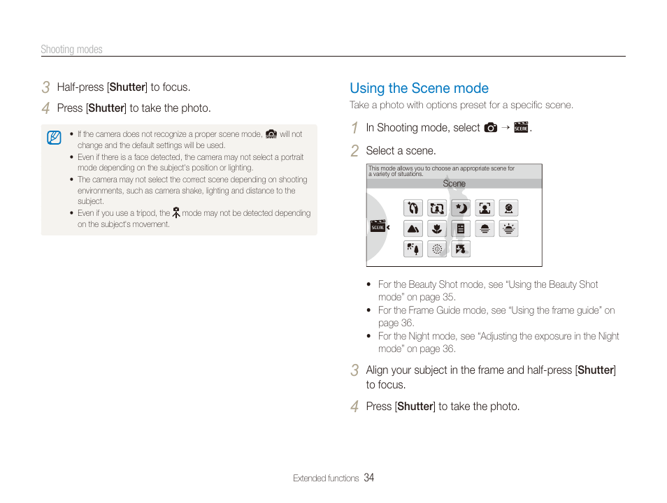 Using the scene mode, Mode. (p. 34) | Samsung EC-CL80ZZBPAUS User Manual | Page 35 / 135