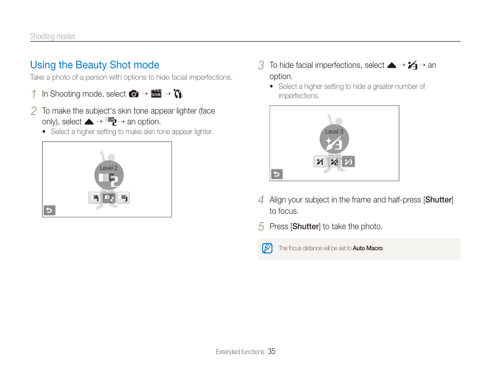 Using the beauty shot mode | Samsung EC-CL80ZZBPAUS User Manual | Page 36 / 135