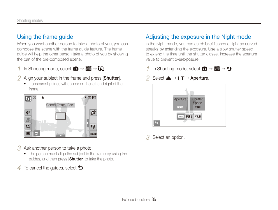 Using the frame guide, Adjusting the exposure in the night mode, Mode. (p. 36) | Samsung EC-CL80ZZBPAUS User Manual | Page 37 / 135