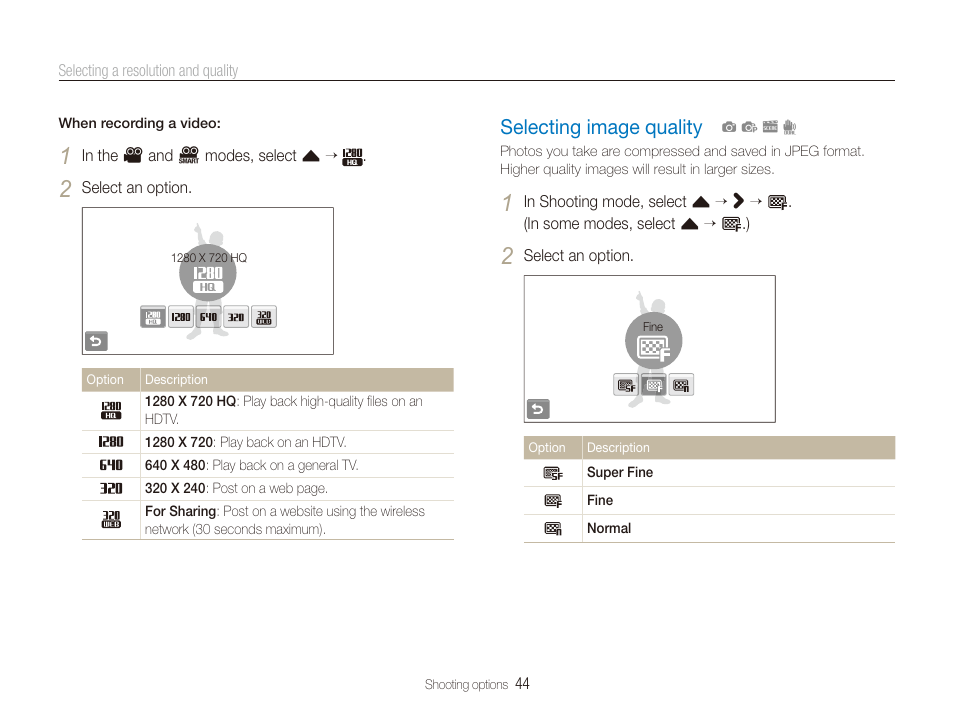 Selecting image quality, Selecting image quality ……………………… 44 | Samsung EC-CL80ZZBPAUS User Manual | Page 45 / 135