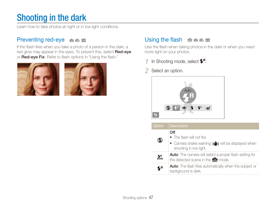 Shooting in the dark, Preventing red-eye, Using the flash | P. 47), Using the ﬂash, Preventing red-eye …………………………… 47, Using the ﬂash ……………………………… 47 | Samsung EC-CL80ZZBPAUS User Manual | Page 48 / 135