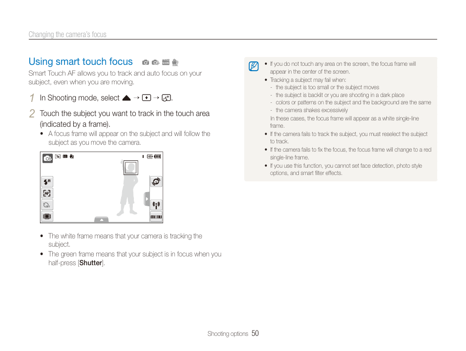 Using smart touch focus, Using smart touch focus …………………… 50 | Samsung EC-CL80ZZBPAUS User Manual | Page 51 / 135