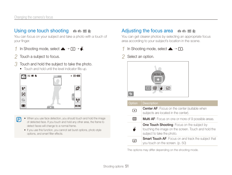 Using one touch shooting, Adjusting the focus area, Using one touch shooting …………………… 51 | Adjusting the focus area ……………………… 51 | Samsung EC-CL80ZZBPAUS User Manual | Page 52 / 135