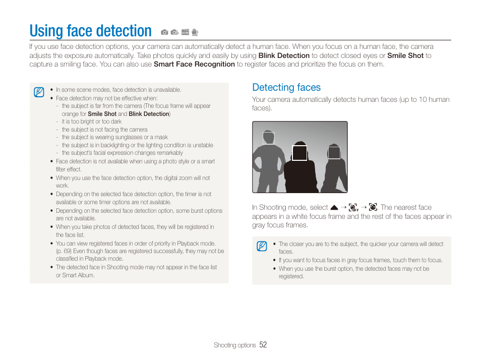 Using face detection, Detecting faces, Detecting faces ……………………………… 52 | Samsung EC-CL80ZZBPAUS User Manual | Page 53 / 135