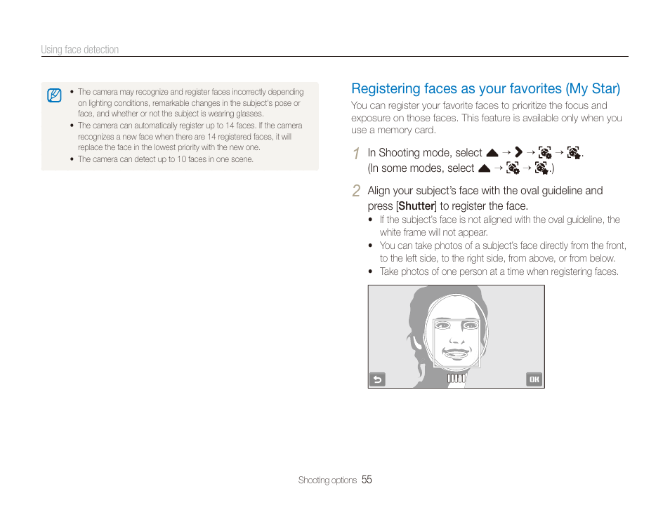 Registering faces as your favorites (my star), Registering faces as your favorites (my star) … 55 | Samsung EC-CL80ZZBPAUS User Manual | Page 56 / 135