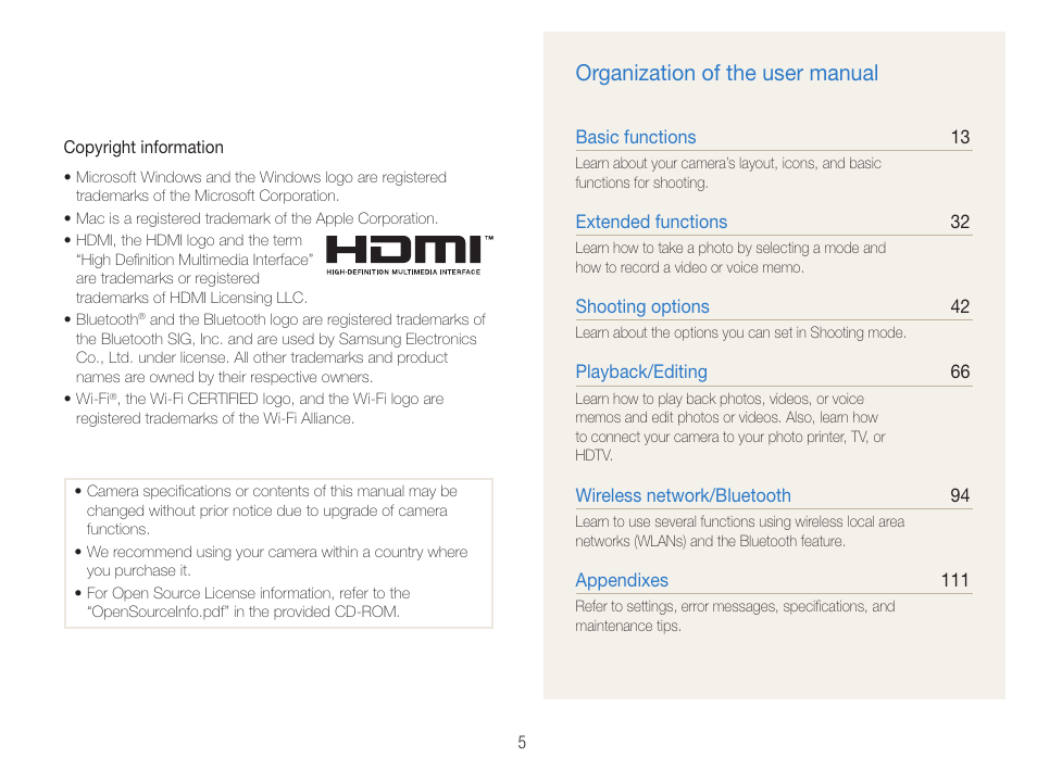 Organization of the user manual | Samsung EC-CL80ZZBPAUS User Manual | Page 6 / 135