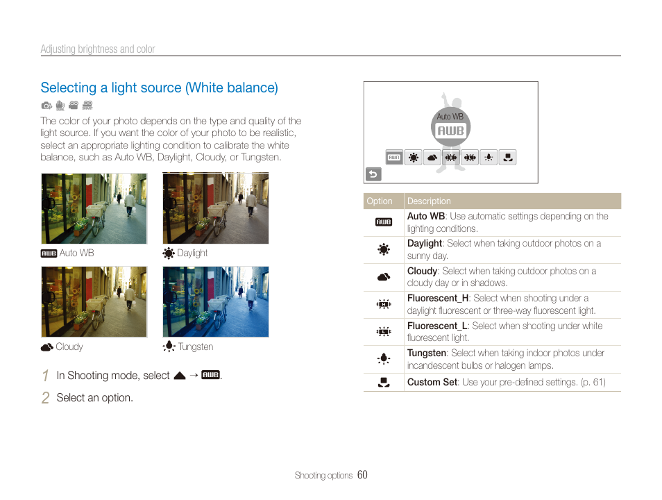 Selecting a light source (white balance), Selecting a light source (white balance) …… 60 | Samsung EC-CL80ZZBPAUS User Manual | Page 61 / 135