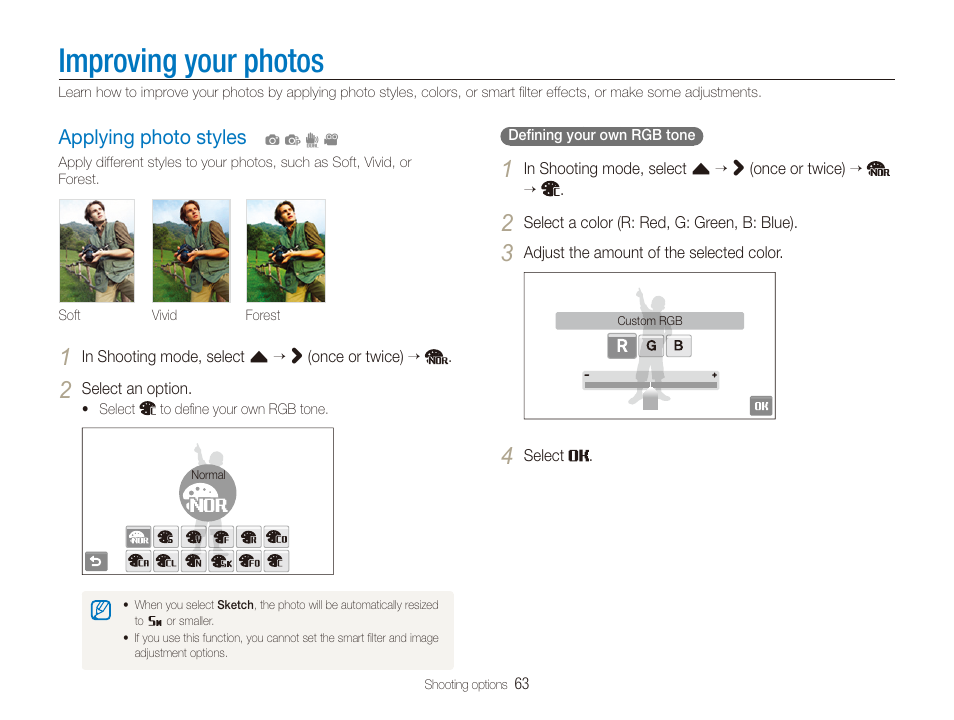 Improving your photos, Applying photo styles, Applying photo styles ………………………… 63 | Samsung EC-CL80ZZBPAUS User Manual | Page 64 / 135