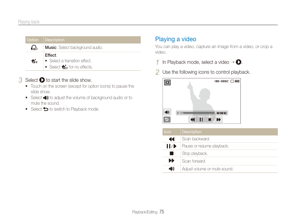 Playing a video, Playing a video ……………………………… 75 | Samsung EC-CL80ZZBPAUS User Manual | Page 76 / 135